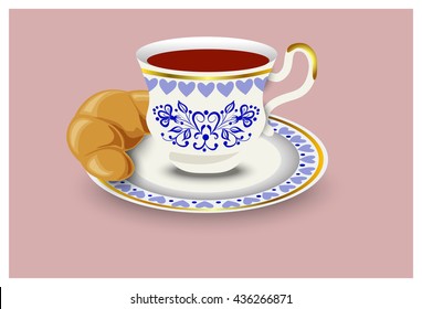 A cup of tea and a bun. Vector illustration, hand drawing.