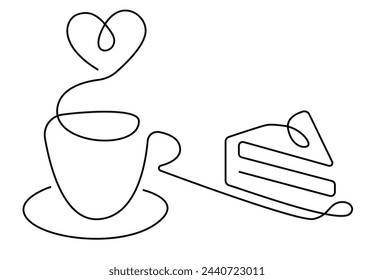 Cup of tea with cake abstract line art vector on white background