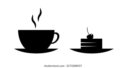 A cup of tea and a cake icon in flat. A cup of coffee or tea and cherry cheesecake symbol. Coffee with cherry pie sign. Black filled icon. Vector illustration for graphic design, Web, UI, mobile app.