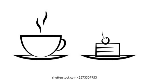 A cup of tea and a cake line icon in flat. A cup of coffee or tea and cherry cheesecake symbol on white Coffee with cherry pie icon in black Vector illustration for graphic design, Web, UI, mobile app