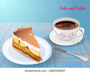  Cup of Tea and a Cake on a Blue Tablecloth . Vector illustration