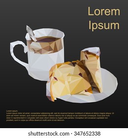 Cup of tea and cake on saucer  in the style of triangulation on a grey background. Vector.