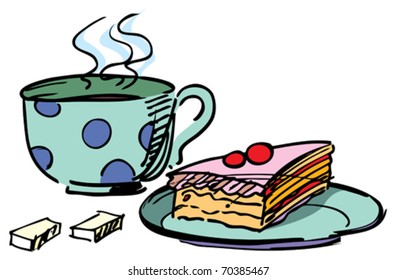 Cup of tea and cake are on the white background
