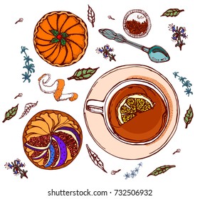 Cup of tea , cake, spoon , thyme, top ,vector, hand drawing , vector on white background