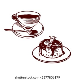 Cup of tea and cake. Vector illustration of food in graphic style. Design element for menus of restaurants, cafes, snack bars, food labels, covers.