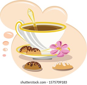 
cup of tea with cakes vector image, greeting card banner