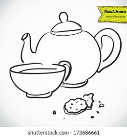 Cup of tea with cakes, vector sketchy illustration isolated, hand - drawn