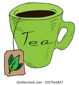 A cup of tea. Calligraphy. Phrase. Lettering. Label of a tea bag with a picture of tea leaves. Inscription TEA. Vector illustration.