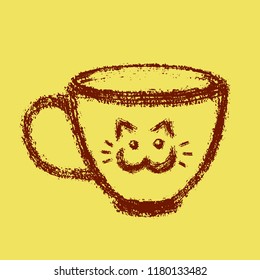 Cup of tea with cat sticker. Yellow background color. Vector illustration.