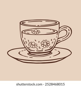 Cup of tea with chamomile. Hand drawn vector illustration in outline style.