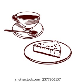 A cup of tea and cheesecake. Vector illustration of food in graphic style. Design element for menus of restaurants, cafes, bars, food labels, covers.