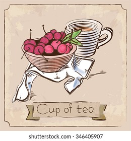 Cup of tea and cherries on a towel