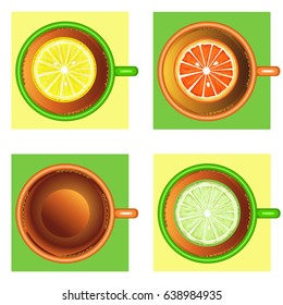 Cup of tea with citrus in flat style.The view from the top.Vector illustration.