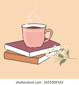 Una taza de té con nubes de vapor se encuentra en los libros, un ramo de margaritas cerca. Amor por la lectura, romance.