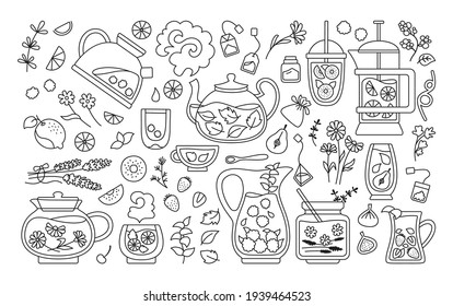 Cup of tea and cocktails black line set. Beach party concept, summer hand drawn for poster, menu. Tea time mug teapot herbs, fruits, ingredients for drinks. Flat design trendy vector illustration