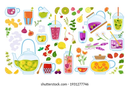 Cup of tea and cocktails cartoon set. Tea time mug teapot and herbs, fruits, ingredients for drinks. Summer hand drawn flowers, berries for poster, menu. Flat design colored trendy vector illustration