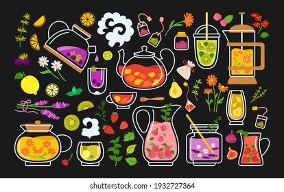 Cup of tea and cocktails cartoon set. Tea time glass mug teapot herbs, fruits, ingredients for drinks. Beach party concept, summer hand drawn for poster, menu. Flat design trendy vector illustration
