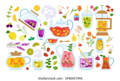 Cup of tea and cocktails cartoon set. Tea time glass mug teapot herbs, fruits, ingredients for drinks. Beach party concept, summer hand drawn for poster, menu. Flat design trendy vector illustration