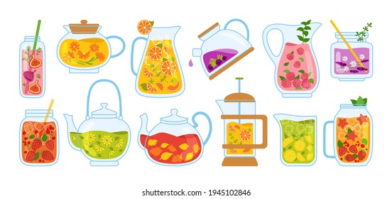 Cup of tea and cocktails cartoon set. Tea time mug teapot and herbs, fruits, ingredients for drinks. Summer hand drawn flowers, berries for poster, menu. Flat design colored trendy vector illustration