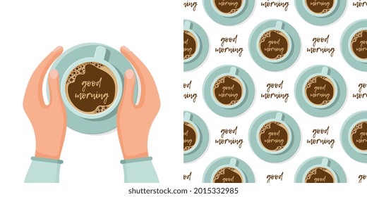 A cup of tea of coffe on a saucer on background seamless pattern. Flat design. Vector illustration for menu, cafe