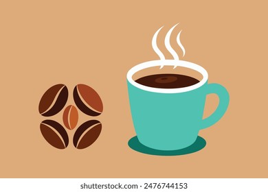 Cup of tea and coffee beans vector illustration. Porcelain mug with hot tea picture. Coffee cup