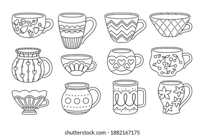 Copa con juego de dibujos animados en el contorno negro del té o el café. Colección moderna y plana. La decoración es diferente. Vajilla de moda con línea de mano, maneje la bebida. Ilustración vectorial aislada