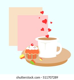 cup of tea or coffee with cake, hearts  and leaves vector illustration