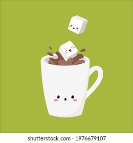 A Cup Of Tea, Coffee, Cappuccino Or Latte. The Sugar Cube Falls With A Splash. Cute Character. Vector Illustration. Image Of Joyful Emotions.