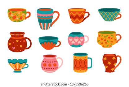 Cup with tea or coffee cartoon style set. Flat modern colored design collection. Decorated different ornaments. Hand drawn cute trendy crockery, handle drinking drink. Isolated vector illustration