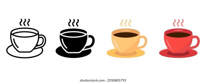 Cup of tea or coffee color icon set. Coffee mug sign. Breakfast drink symbol. Americano beverage illustration. Black, yellow and red coffee cup illustration.