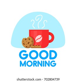 Cup of tea. Cup of coffee. Cup with cookies. Good morning. The inscription, postcard good morning. Cup and cookies on a blue background. Vector images in cartoon style