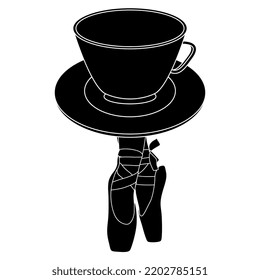 Cup of tea or coffee dancing on tiptoed female feet in ballet shoes. Dancing beverage. Creative funny concept. Black and white silhouette.