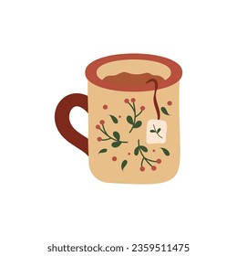 Cup with tea or coffee. Different ornaments. Flowers, berries, etc Cozy vector illustration. Cartoon style. Flat design. Autumn or winter drink