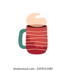 Cup with tea or coffee. Different ornaments. Flowers, berries, etc Cozy vector illustration. Cartoon style. Flat design. Autumn or winter drink