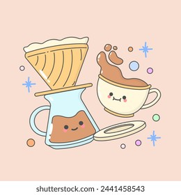 a cup of tea coffee and dripper with cute facial expressions and pastel colour