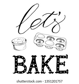 Cup of tea, coffee. Hand drawn sketch vector illustration on white background, design elements. Menu design. Lettering bread, home, house, bakery. Baked with love.