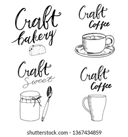 Cup of tea, coffee. Hand drawn sketch vector illustration on white background, design elements. Menu design. Lettering craft sweet.