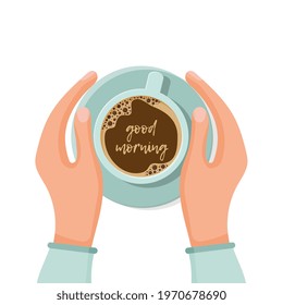 Cup of tea or coffee in hands. Woman warming hands touching a hot cup of tea or coffee. Time relax. Vector illustration flat design. Isolated on background.