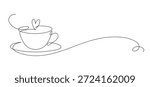 Cup of tea, or coffee with heart. Continuous line drawing. Frame border. 