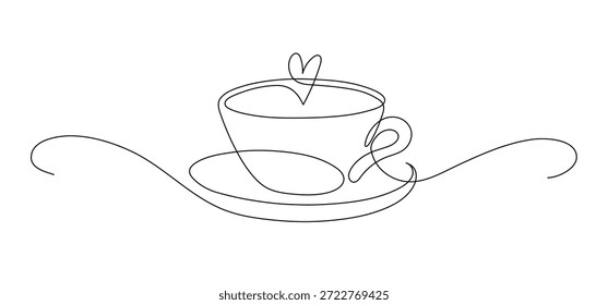 Taza de té o café con corazón. Dibujo de línea continua. 