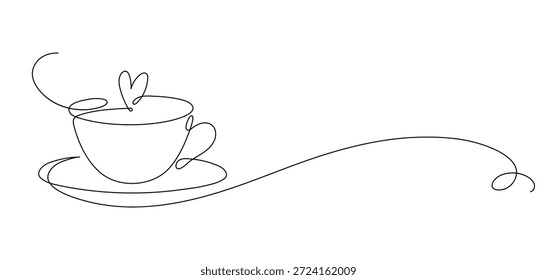 Taza de té o café con corazón. Dibujo de línea continua. Borde del marco. 