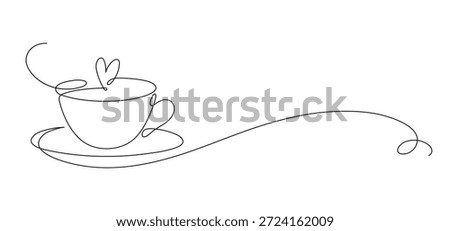 Cup of tea, or coffee with heart. Continuous line drawing. Frame border. 