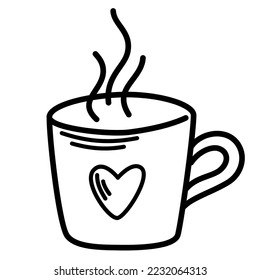 Taza de té de café con corazón. Símbolo de línea para impresión y aplicaciones web. Ilustración vectorial en forma de doodle dibujado a mano aislado en el fondo blanco.
