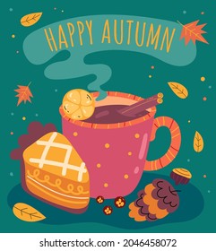 Cup of tea coffee hot chocolate with pie. Autumn breakfast simple flat illustration 