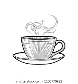 A Cup of tea or coffee, hot drink. Illustration. Isolated image on white background. Vintage style.