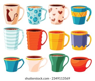 Cup tea coffee icon set. Cute trendy crockery with handle for drink. Vintage teacup collection. Hand drawn colored trendy vector illustration in cartoon style