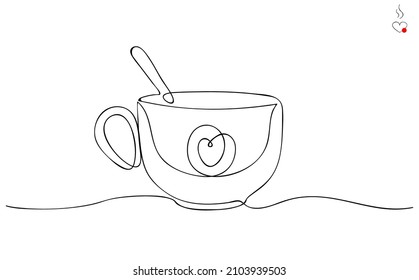 Cup of tea or coffee, with image of heart. Continuous line drawing, isolated on white background. Vector