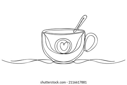 Taza de té o café, con imagen de corazón. Dibujo de línea continuo, aislado en fondo blanco. Plantilla de arte de línea de la tienda de té o café emblema. Vector