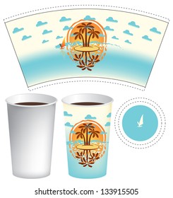 cup of tea or coffee with an island in the sea and surfers