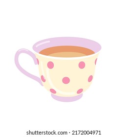 Cup of tea or coffee isolated on white background. Polka dot mug with hot fresh drink. Teacup with morning beverage. Simple colored flat vector illustration.